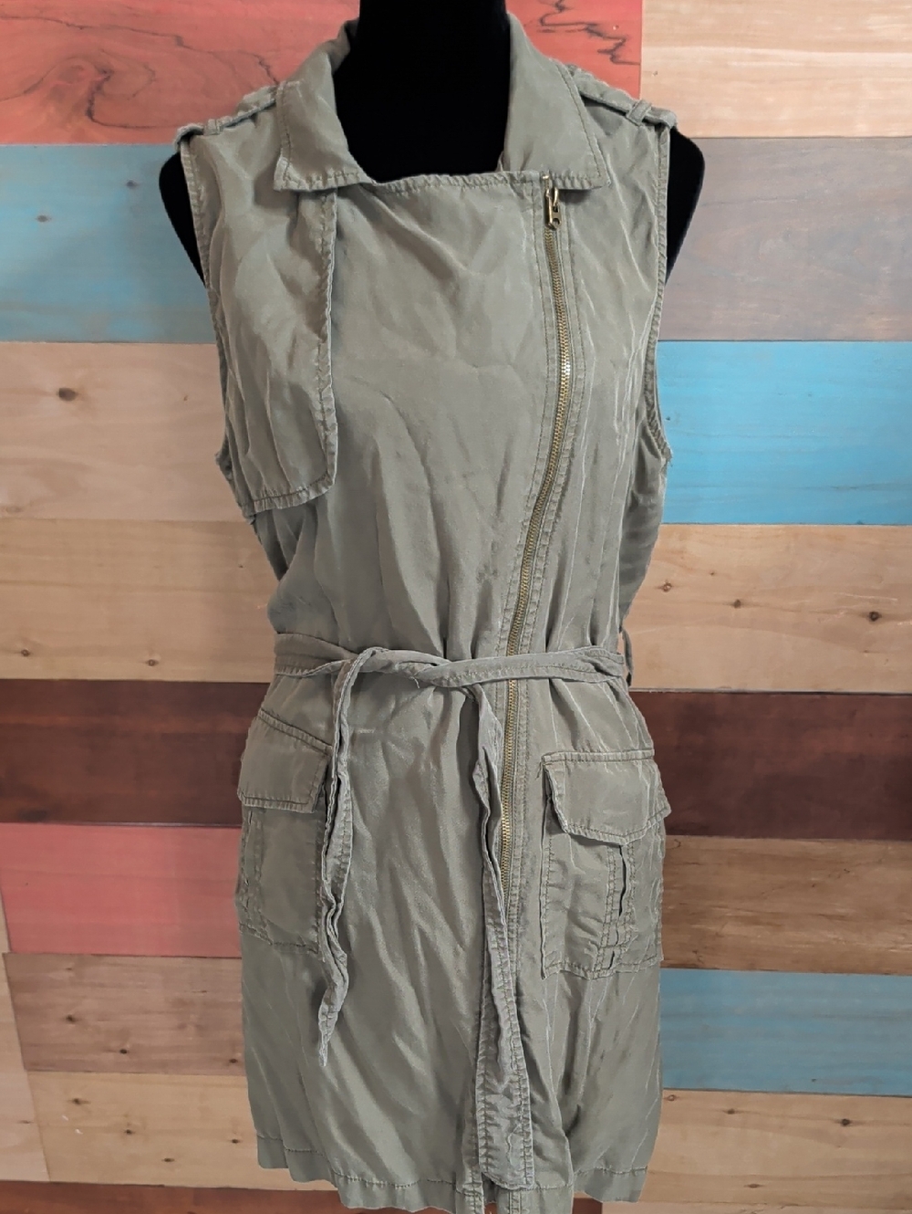 Sleeveless Utility Mini Dress with Waist Tie in Olive